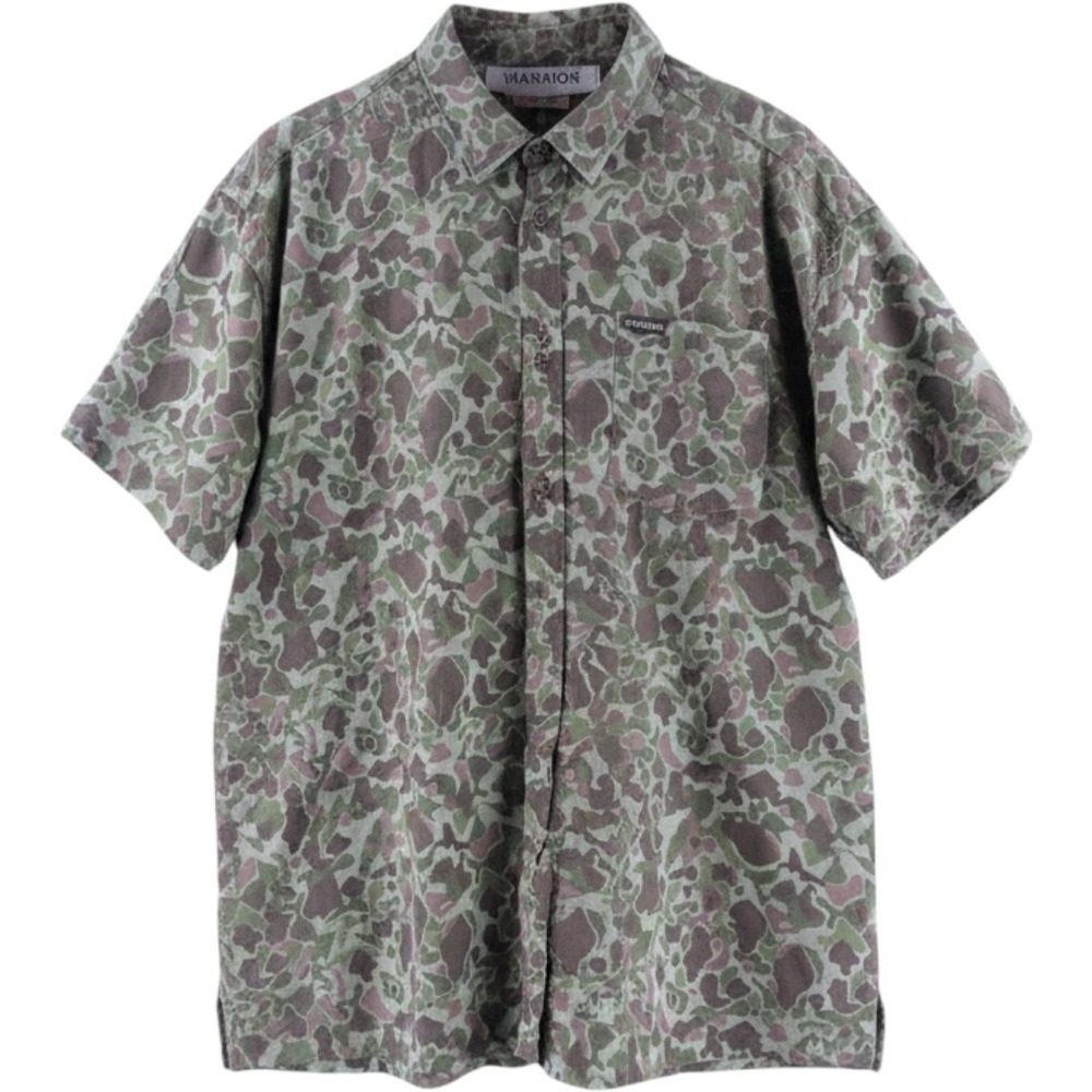 Warrior Frog Camo Shirt‎ Mens 2XL Green Short Sleeve Stretch Button Down Pocket